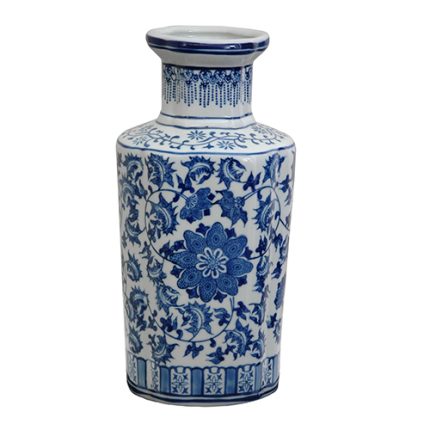 Jarrón de Porcelana Blanco con Diseño Floral en Azul